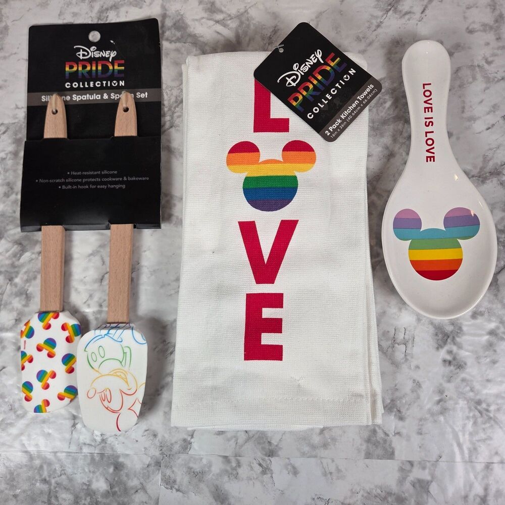 Disney Pride Kitchen Set Mickey Towel (2x) Spoon Rest Silicone Spatula Spoon